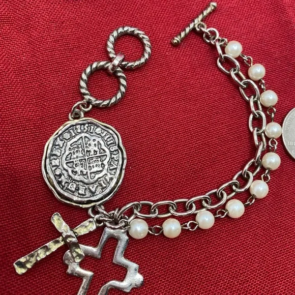 SoldVintage 80s Silver Tone Faux Pearl Cross And Medal Bracelet - Picture 3 of 4